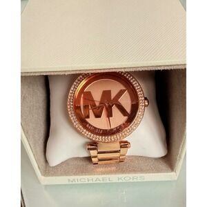 Michael Kors Parker MK5865 Rose Gold Tone Glitz Logo Watch NWOT Box Extra Links